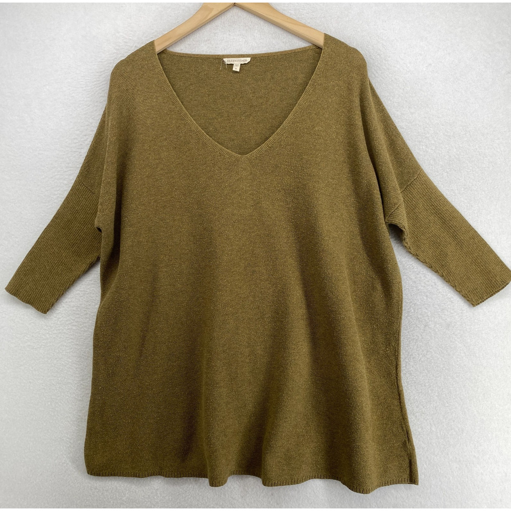 EILEEN FISHER Sweater M Organic Cotton Tunic V-Neck Dolman Sleeve Pullover Green